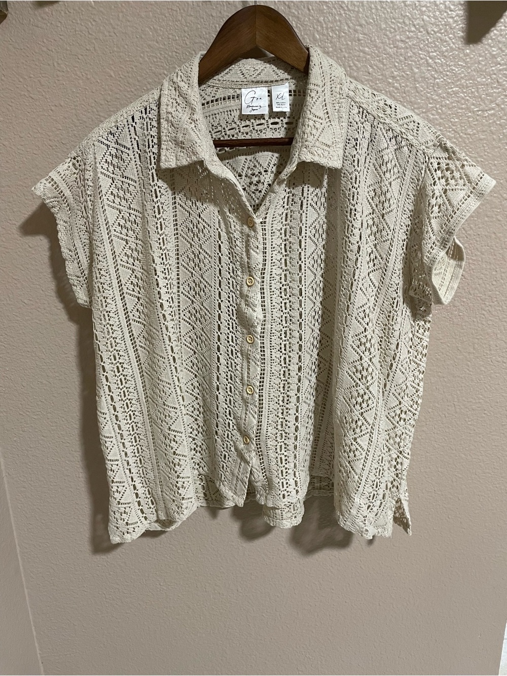 Goa Cream Crochet Button-Up Short Sleeve Blouse